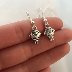 Silver Monkey Dangle Earrings Hypoallergenic Hooks